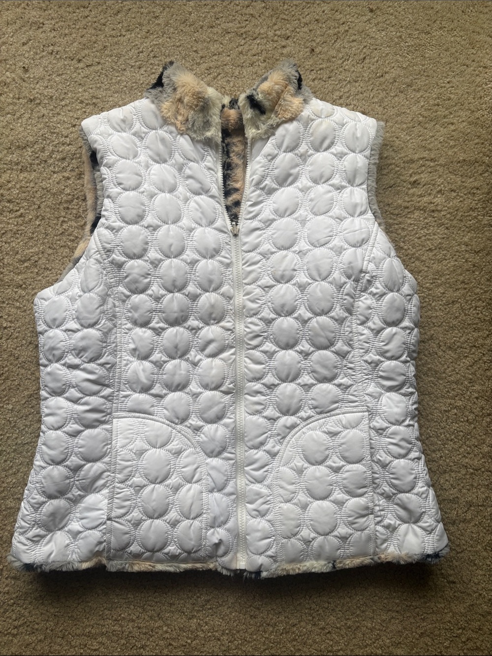 White Quilted Reversible Vest with Faux Fur Trim